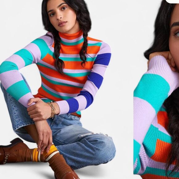 Maeve Pink orange colorful Retro Striped Rib Knit Turtleneck XS Cottagecore - Picture 5 of 6